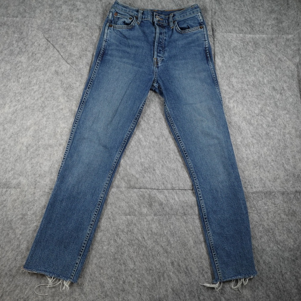 RE/DONE Jeans Women 27‎ Blue Double Needle Stretch High Rise Straight Button Fly